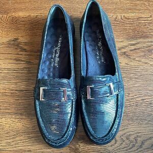 Walking Cradles black snakeskin look leather loafers‎ with silver buckle on top